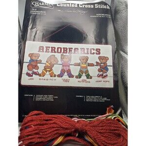 VTG 1984 Janlynn Counted Cross Stitch Kit AEROBEARICS Teddy Bears 12x6”